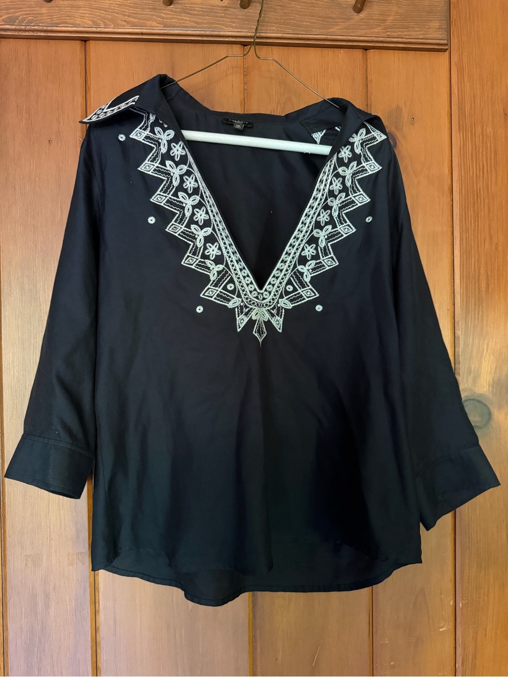 Talbots Black V-Neck Blouse with White Embroidered Trim